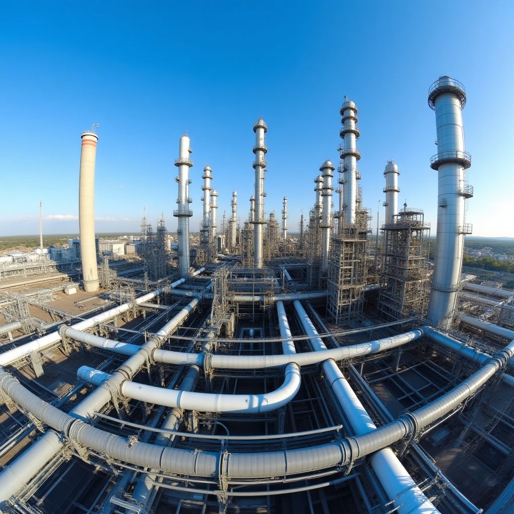 Planta de refinería de YPF en un paisaje industrial
